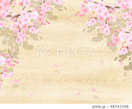 桜と花びらー木目の美しいナチュラルウッドデッキフレーム壁紙背景素材 98542396