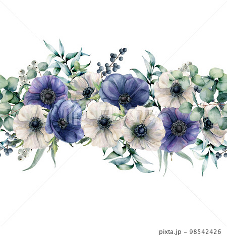 Watercolor seamless bouquet with blue and white anemones. Hand painted flowers with eucalyptus leaves and branches, berries isolated on white background. Floral elegant illustration for design, print Watercolor seamless bouquet with blue and white anemones. Hand painted flowers with eucalyptus leaves and branches, berries isolated on white background. Floral elegant illustration for design, print 98542426
