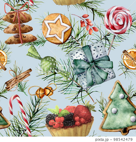 Watercolor Christmas seamless pattern with holiday pastry. Hand painted cookies, candies, cake with berries and fruits, candy cane, lollipop,  pine branch isolated on blue background. 98542479