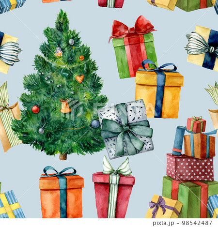 Watercolor pattern with Christmas tree and gifts. Hand painted pine tree with toys, gift boxes with bows isolated on blue background. Holiday illustration for design, print, fabric. 98542487