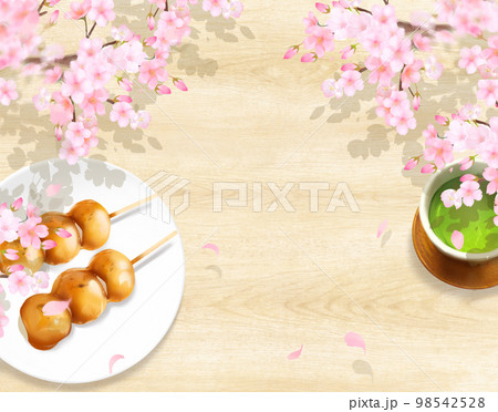 桜と美しい木目のナチュラルウッドデッキの上にお茶とみたらし団子のフレーム壁紙背景素材 98542528