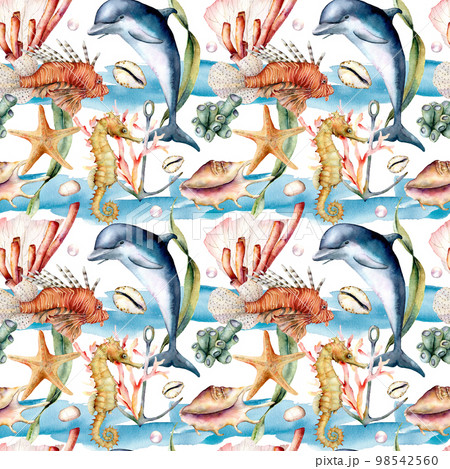 Watercolor seamless pattern with reef animals. Hand painted dolphin, lionfish, seahorse and anchor illustration isolated on white background. Nautical illustration for design, print and background. 98542560
