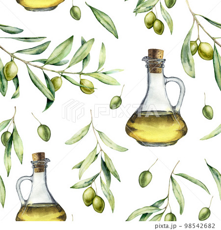 Watercolor pattern with green olives and olive oil. Hand painted olives leaves, branches and berries, olive oil in bottles isolated on white background. Food illustration for design, print. 98542682