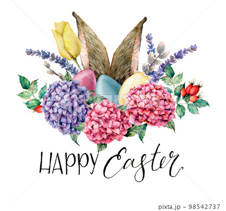 Watercolor Happy easter floral and rabbit ears...のイラスト素材 [98542737] - PIXTA