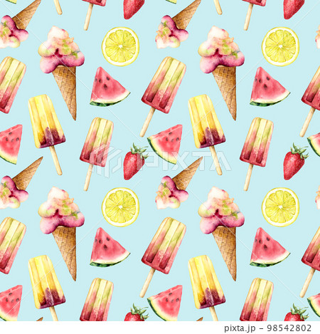 Watercolor seamless pattern with fruit and ice cream. Hand painted illustration watermelon, lemon and strawberry isolated on blue background. Food illustration for design, print, fabric, background. 98542802