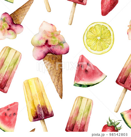 Watercolor seamless pattern with ice cream and fruits. Hand painted illustration watermelon, lemon and strawberry isolated on white background. Food illustration for design, print, fabric, background. 98542803