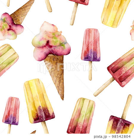 Watercolor ice cream seamless pattern. Hand painted illustration fruit ice and popsicle with waffle cone isolated on white background. Food illustration for design, print, fabric or background. 98542804