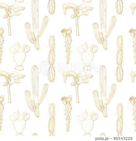 Golden sketch seamless pattern with mexican cacti. Hand painted floral collection: desert cactus and tree. Botanical illustration isolated on white background for design, print, fabric or background. Golden sketch seamless pattern with mexican cacti. Hand painted floral collection: desert cactus and tree. Botanical illustration isolated on white background for design, print, fabric or background. 98543226