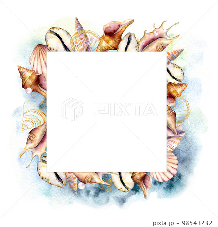 Watercolor frame with shells and blue water. Hand painted golden sea shells square card isolated on white background. Nautical template. Illustration for design, print or background. Watercolor frame with shells and blue water. Hand painted golden sea shells square card isolated on white background. Nautical template. Illustration for design, print or background. 98543232