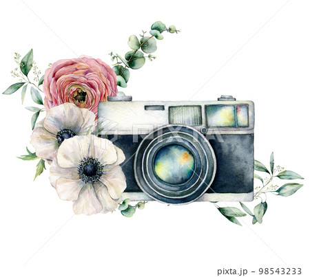 Watercolor card composition with camera and anemone, ranunculus bouquet. Hand painted photographer logo with flower illustration isolated on white background. For design, prints or background. 98543233