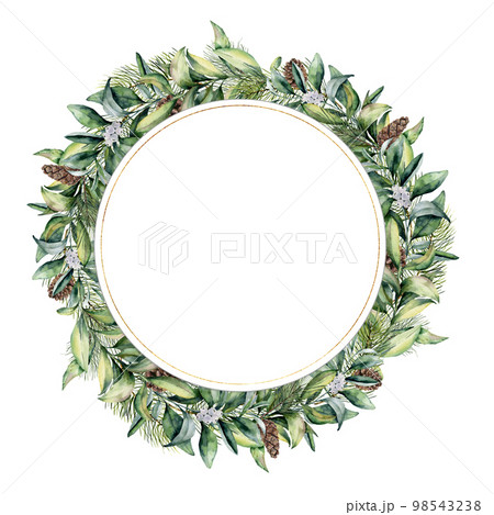 Watercolor circle template with pine cone. Hand painted fir and eucalyptus leaves and branches isolated on white background. Christmas floral illustration for print, design or background. 98543238