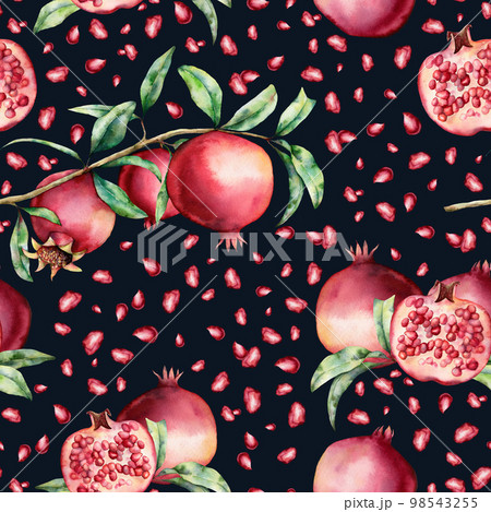 Watercolor pomegranate and leaves seamless pattern. Hand painted garnet fruit slice, berries and branch isolated on black background. Floral illustration for design, print, fabric or background. 98543255