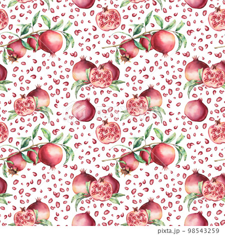 Watercolor pomegranate and berries seamless pattern. Hand painted garnet fruit slice, branch and leaves isolated on white background. Floral illustration for design, print, fabric or background. 98543259