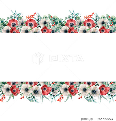 Watercolor seamless banner with red and white anemones. Hand painted flowers with eucalyptus leaves and branches, berries isolated on white background. Floral elegant illustration for design, print 98543353
