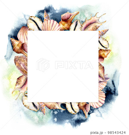 Watercolor frame with shells and dark blue water. Hand painted sea shells square card isolated on white background. Nautical template. Illustration for design, print or background. 98543424