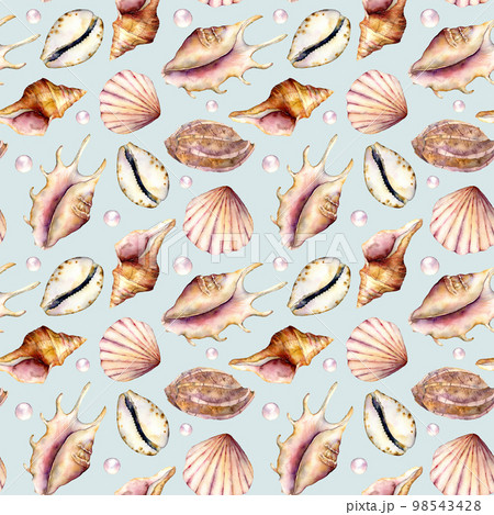 Watercolor shells with pearls seamless pattern. Hand painted underwater illustration isolated on pastel blue background. Aquatic illustration for design, print or background. Watercolor shells with pearls seamless pattern. Hand painted underwater illustration isolated on pastel blue background. Aquatic illustration for design, print or background. 98543428