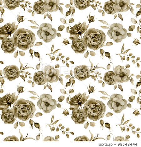 Watercolor monochrome anemone, rose and tulip big seamless pattern. Hand painted sepia flowers and berries with eucalyptus leaves and branch isolated on white background for design, print or fabric. Watercolor monochrome anemone, rose and tulip big seamless pattern. Hand painted sepia flowers and berries with eucalyptus leaves and branch isolated on white background for design, print or fabric. 98543444