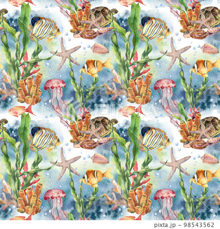 Watercolor seamless pattern with coral reef - laminaria branch and sea animals. Hand painted jellyfish, starfish, tropical fish, air and shell. Nautical illustration for design, print or background. Watercolor seamless pattern with coral reef - laminaria branch and sea animals. Hand painted jellyfish, starfish, tropical fish, air and shell. Nautical illustration for design, print or background. 98543562