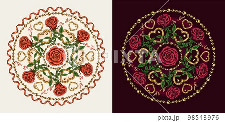 Round pattern with golden heart, chains, roses, spiral ribbon, text. Vector ornament for wedding, engagement event, Valentines Day, gift decoration. For prints, clothing, plate, surface design 98543976