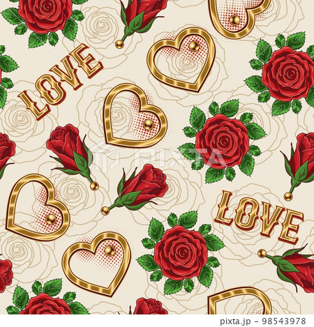 Valentines day seamless background with golden hearts, rose flowers, outline roses, text, halftone shapes. Vector love pattern for wedding, engagement event, Valentines Day, gift decoration. 98543978