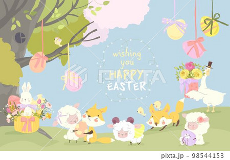Cute Cartoon Animals celebrating Easter in Spring Forest Cute Cartoon Animals celebrating Easter in Spring Forest 98544153
