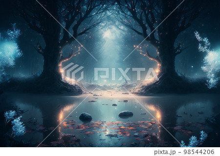 Fantasy forest lake scene AI Generative	 98544206