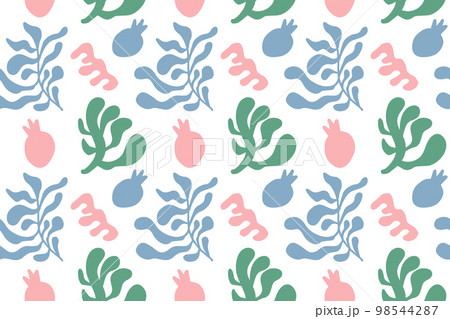 Hand drawn minimal abstract organic shapes pattern matisse style. Pink, blue and green color. 98544287