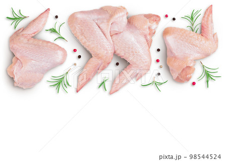 Raw chicken wings isolated on white background with full depth of field. Top view with copy space for your text. Flat lay 98544524