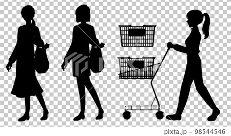 買い物帰りの女性のシルエットとショッピングカートを押す女性のシルエット 98544546