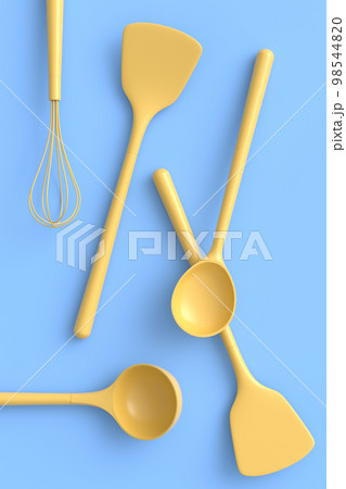 Wooden kitchen utensils, tools and equipment on monochrome background. 98544820