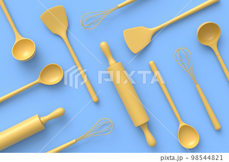 Wooden kitchen utensils, tools and equipment on monochrome background. 98544821