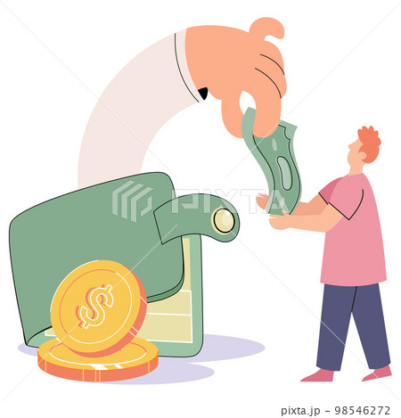 Person putting money in wallet. Man holding coin and dollar bill. Savings, financial investment Person putting money in wallet. Man holding coin and dollar bill. Savings, financial investment 98546272