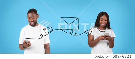 Black Male And Female Sending Romantic Messages Via App On Smartphone, Black Male And Female Sending Romantic Messages Via App On Smartphone, 98546521