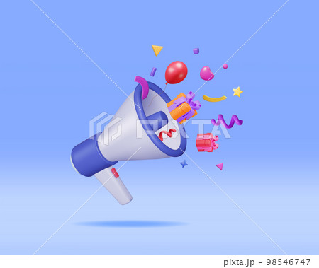 3D Megaphone with Colorful Confetti. 98546747