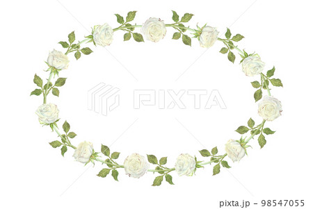 Oval wreath of white roses and buds with leaves. Place for inscription or text. Watercolor illustration. Isolated on a white background. For design of dishes, greeting card, wedding invitation Oval wreath of white roses and buds with leaves. Place for inscription or text. Watercolor illustration. Isolated on a white background. For design of dishes, greeting card, wedding invitation 98547055
