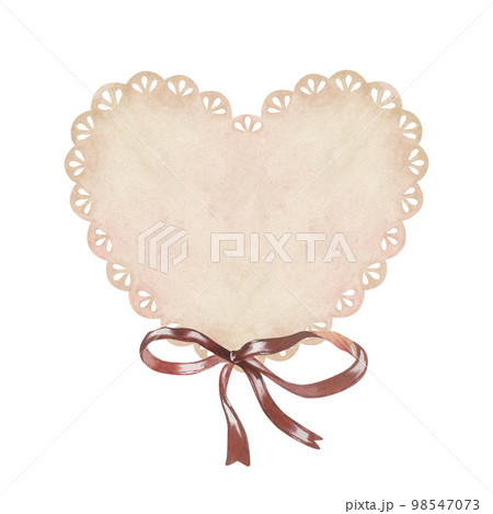 Beige lace doily in the shape of a heart with red bow. Place for inscription or text. Watercolor illustration. Isolated on a white background. For design of greeting cards, wedding invitation Beige lace doily in the shape of a heart with red bow. Place for inscription or text. Watercolor illustration. Isolated on a white background. For design of greeting cards, wedding invitation 98547073