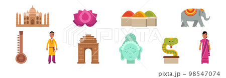 Indian Traditional Symbols with Lotus Flower and Taj Mahal Building Vector Set Indian Traditional Symbols with Lotus Flower and Taj Mahal Building Vector Set 98547074