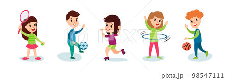 Little Boy and Girl Doing Sport Playing Tennis, Football and Roller Skating Vector Set Little Boy and Girl Doing Sport Playing Tennis, Football and Roller Skating Vector Set 98547111