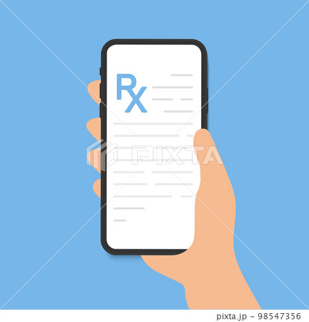 RX form, medical prescription online document. Recipe from doctor to patient in phone. Medicine, pills and healthcare. Medications, pharmacy and treatment. Vector illustration 98547356