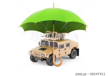 High Mobility Multipurpose Wheeled Vehicle under umbrella, 3D rendering High Mobility Multipurpose Wheeled Vehicle under umbrella, 3D rendering 98547411