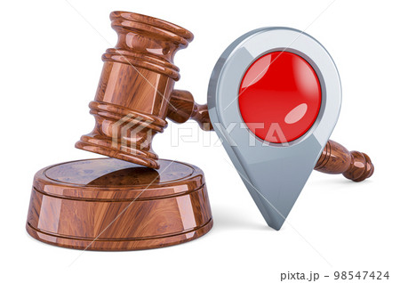 Wooden Gavel with map pointer. 3D rendering 98547424