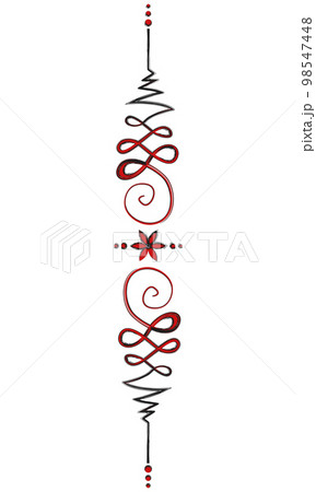 Unalome masculine and feminine symbol, flower of life. Hindu or Buddhist sign representing path to enlightenment. Yantras Tattoo icon. Simple black and red ink drawing, isolated vector illustration Unalome masculine and feminine symbol, flower of life. Hindu or Buddhist sign representing path to enlightenment. Yantras Tattoo icon. Simple black and red ink drawing, isolated vector illustration 98547448