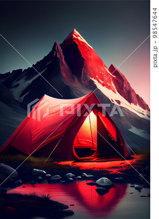 Illuminated tent wild camping in the mountains under night sky Illuminated tent wild camping in the mountains under night sky 98547644