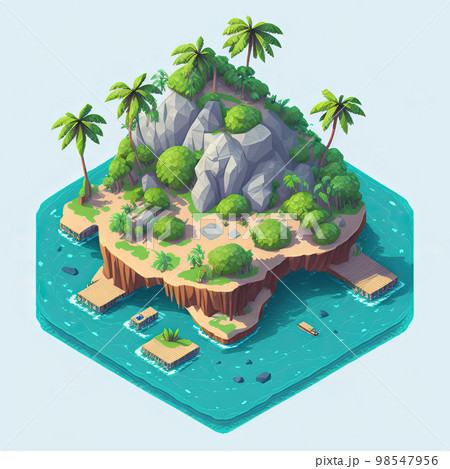 Cartoon isometric private island with rock mountain and bridge, Generative AI 98547956