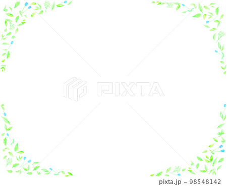 野花で作ったブルーとグリーンの可憐なフレーム。水彩絵の具で描いたイラスト。 98548142