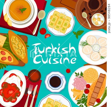 Turkish cuisine menu cover template. Meatballs Kofte, tea and Iskender kebab with pita, nut dessert Baklava, tomato chicken soup and Turkish coffee in copper cezve, bread Pide, meat dumplings Manti 98548264