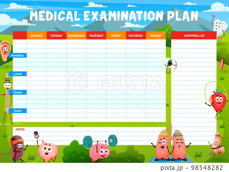 Medical examination plan, cartoon funny human organs characters, vector weekly meal planner. Medical check up plan or eating organizer of diet schedule with heart, brain and kidneys on sport fitness Medical examination plan, cartoon funny human organs characters, vector weekly meal planner. Medical check up plan or eating organizer of diet schedule with heart, brain and kidneys on sport fitness 98548282