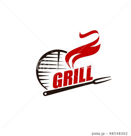 Grill and barbeque symbol. Butchery shop, BBQ bar, steakhouse or restaurant menu icon, grill tools and equipment shop vector sign, label or emblem with fork, charcoal fire smoke and grates 98548302
