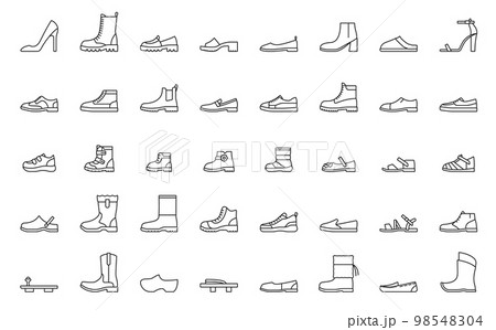 Man and woman shoes line icons. High heel shoe, combat, cowboy, winter and rubber boots, man and woman sandals, sneakers sport footwear, moccasins, flip flops and slippers shoe vector icons Man and woman shoes line icons. High heel shoe, combat, cowboy, winter and rubber boots, man and woman sandals, sneakers sport footwear, moccasins, flip flops and slippers shoe vector icons 98548304