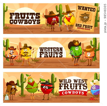 Wild West western cartoon fruits cowboy, sheriff and robber characters. Vector banners funny texas rangers and bandits watermelon, orange, plum or quince, peach, lemon, kiwi, apple or pear personages Wild West western cartoon fruits cowboy, sheriff and robber characters. Vector banners funny texas rangers and bandits watermelon, orange, plum or quince, peach, lemon, kiwi, apple or pear personages 98548305